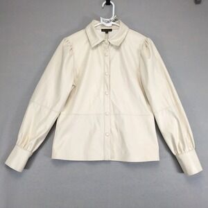Shinestar Cream Faux Leather Snap-Front Blouse Womens S Puff Shoulders Chic Cuff